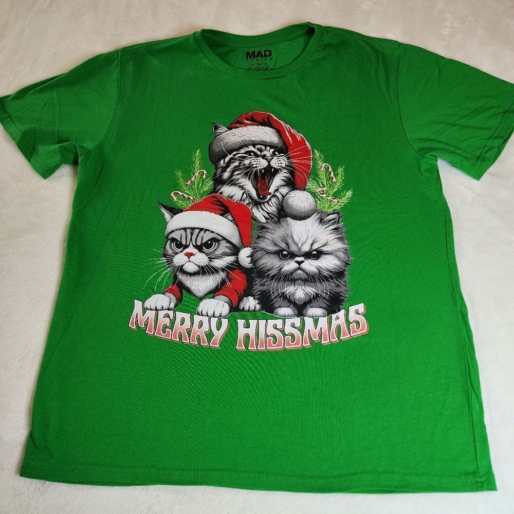 Mad Engine Green Tshirt With Cat Graphic Merry Hissmas Size XL